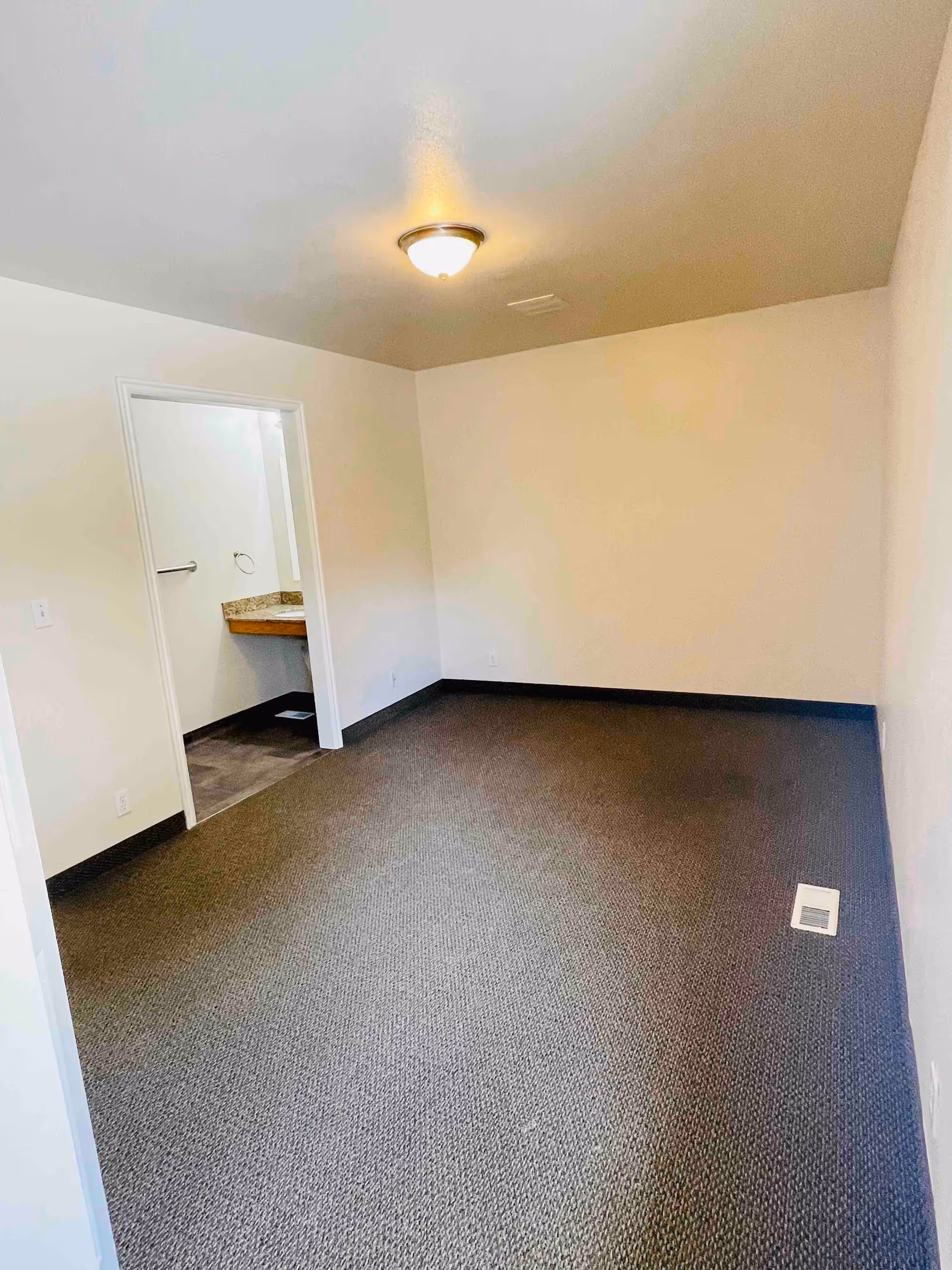 Empty room with beige walls and carpeted floor, featuring a ceiling light fixture. There is an open doorway leading to a small bathroom area with a sink and countertop visible.