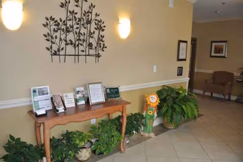 Lobby area with potted plants, brochures, and wall art in a senior living facility.