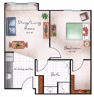 Colored one-bedroom floor plan labeled Dining/Living Room, Bedroom, Kitchenette, and Bath.
