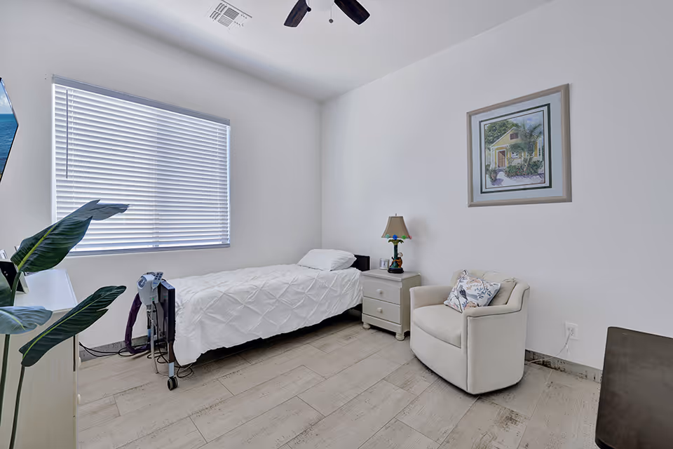 A simple, clean bedroom with a single bed covered in a white comforter, a small nightstand with a lamp, a cushioned armchair with a decorative pillow, a large window with blinds, a ceiling fan, a framed picture on the wall, and a potted plant in the corner.