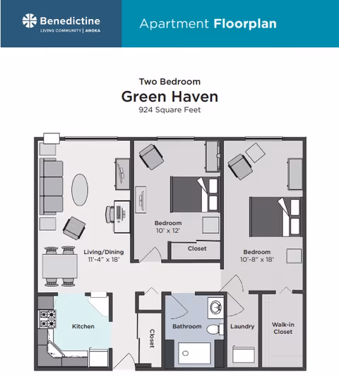 Floor plan of a two-bedroom apartment named Green Haven at Benedictine Living Community-Anoka, showing a living/dining area, kitchen, two bedrooms, bathroom, laundry, closets, and a walk-in closet, covering 924 square feet.