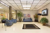 Well-lit lobby with seating, potted plants, an area rug, and a wall-mounted TV.