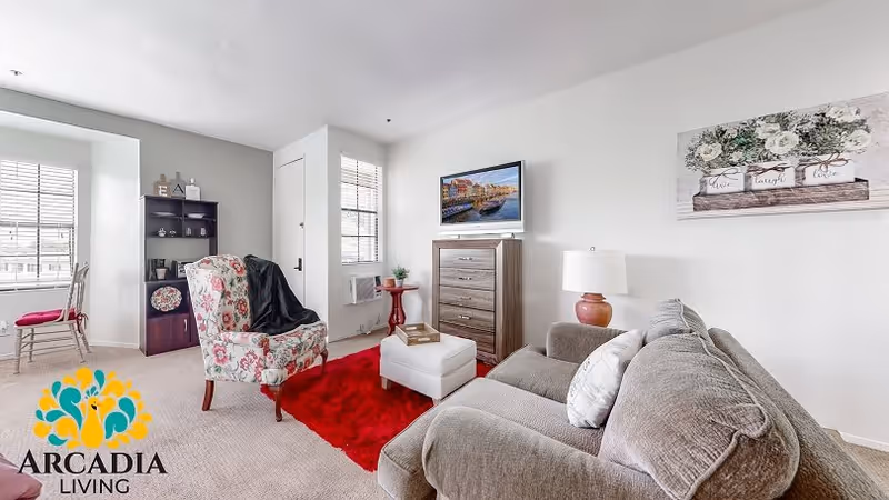 A cozy living room with a gray couch, a floral armchair, a red rug, a white ottoman, a wooden dresser with a TV on top, a small red side table with a plant, and wall art. There are two windows with blinds and a bookshelf with decorative items. The room has light-colored walls and carpeted floor.