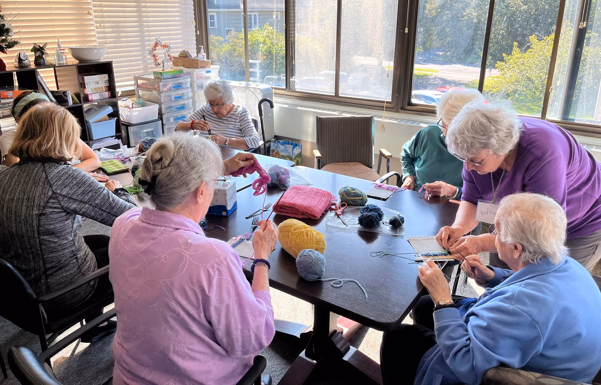 A group of elderly women sitting around a table in a sunlit room, engaging in knitting and crocheting activities with yarn and knitting needles. The room has large windows with a view of greenery outside and shelves with various supplies in the background.