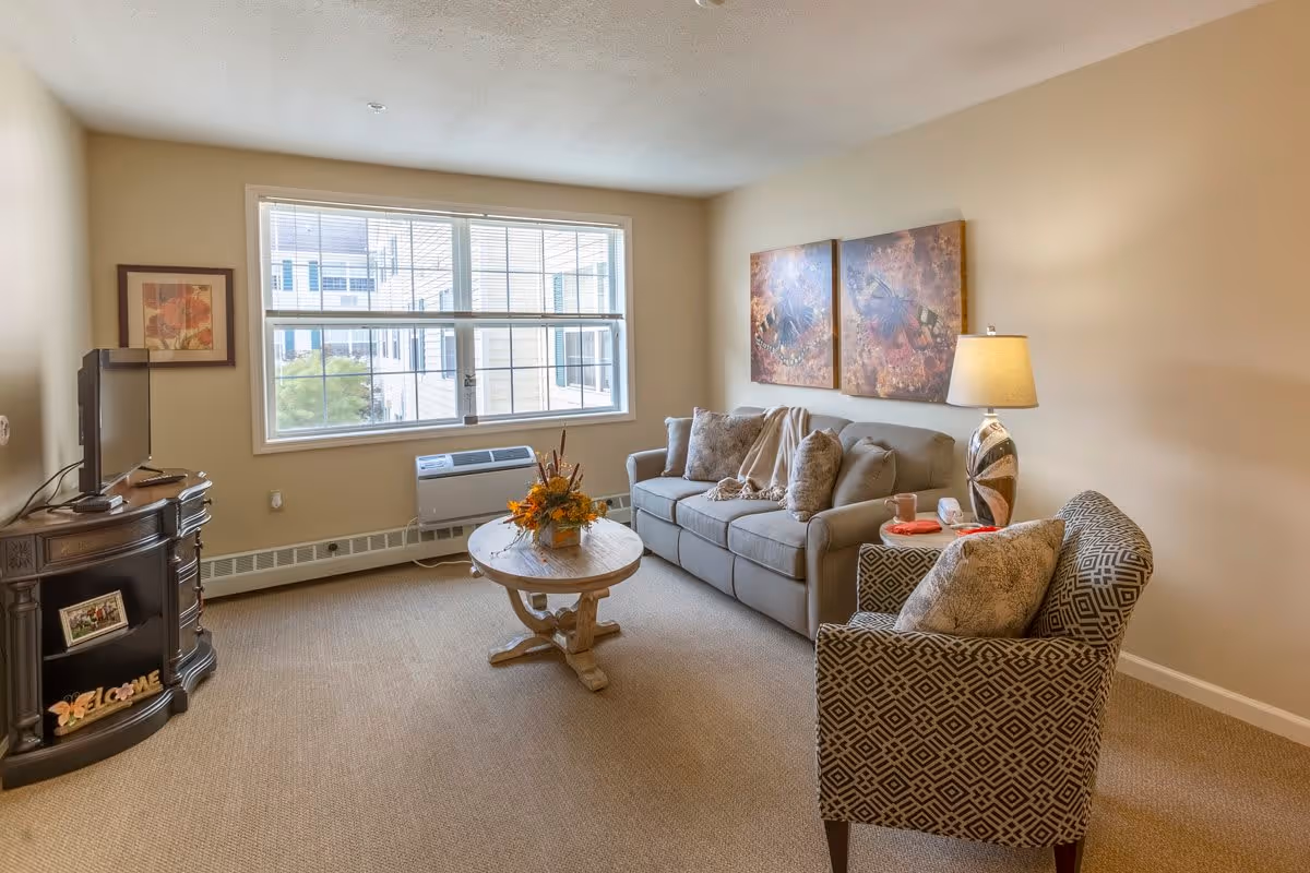 A cozy living room with a beige carpet and walls. There is a gray sofa with multiple cushions and a throw blanket, a patterned armchair with a cushion, and a round wooden coffee table with a floral arrangement. A table lamp is on a side table next to the sofa. A flat-screen TV sits on a dark wooden TV stand with decorative items. Large windows let in natural light, and two framed artworks hang on the wall above the sofa.
