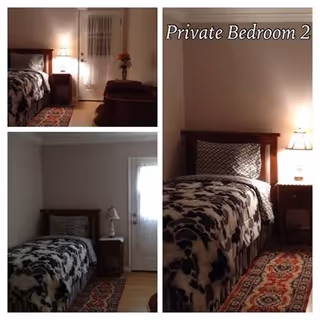 Collage of three images showing a private bedroom with a single bed featuring a patterned black and white bedspread, a wooden headboard, a bedside table with a lamp, and a decorative rug on a wooden floor. One image shows a window with sheer curtains and a flower vase on a small table. The text 'Private Bedroom 2' is visible in the top right image.