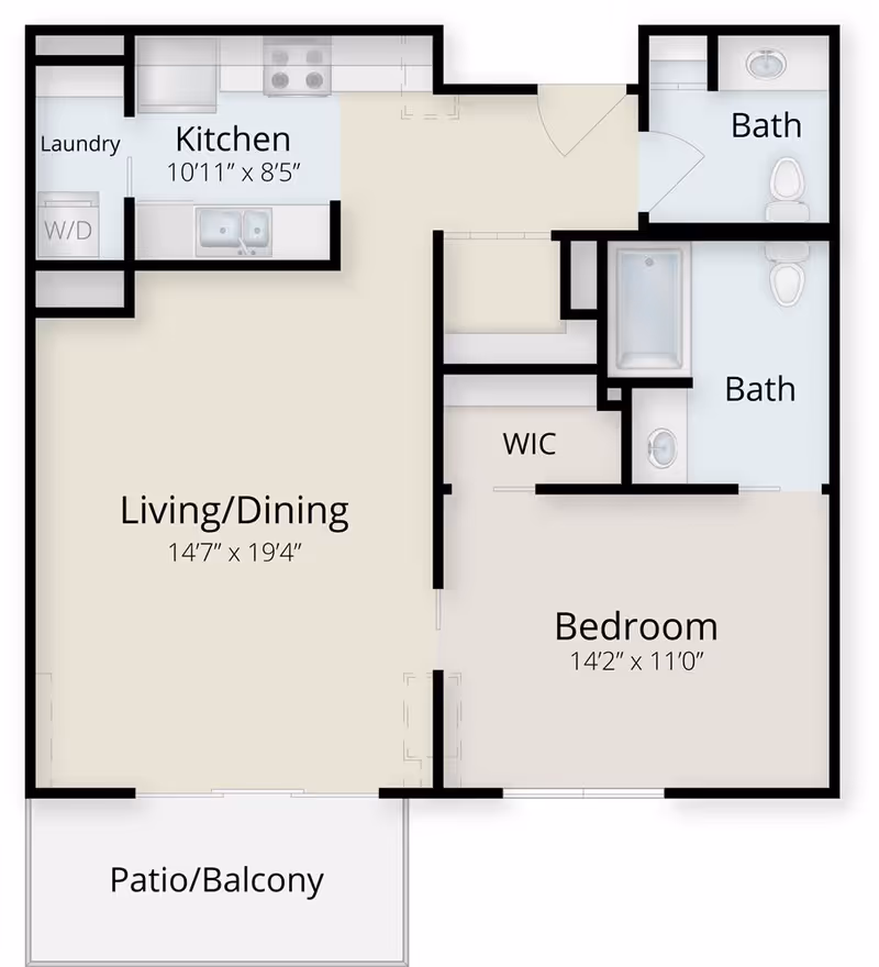 Floor plan of an apartment at Friendship Village Tempe showing a kitchen, living/dining area, bedroom with walk-in closet, two bathrooms, laundry area, and a patio/balcony.