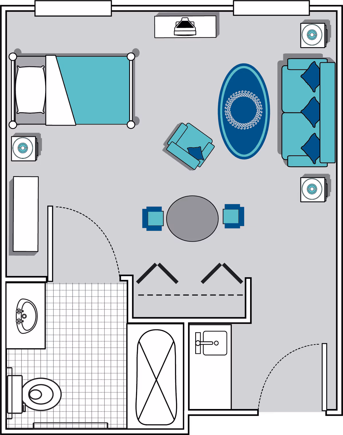 Floor plan of a senior living facility unit at Oaks At Salem Road showing a combined bedroom and living area with a bed, armchair, sofa, oval rug, and small dining table with two chairs. The unit also includes a bathroom with a toilet, sink, and bathtub.