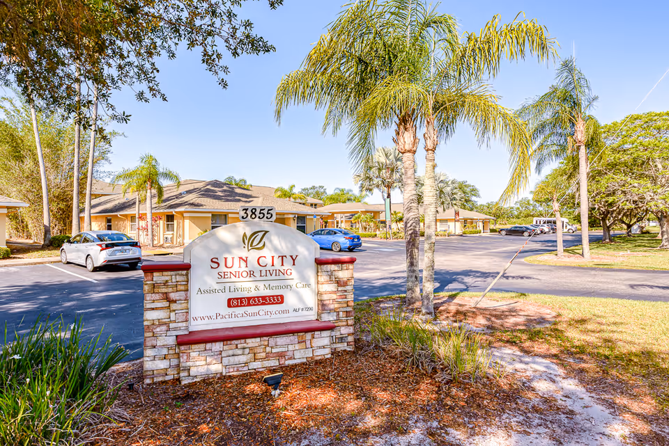 Stone entrance sign reading "Sun City Senior Living" in front of palm trees, a parking lot, and one-story facility buildings.
