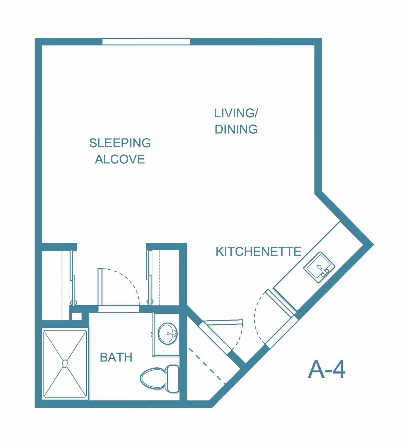 Floor plan layout of a senior living unit labeled A-4 at River's Edge By Barclay House, showing a sleeping alcove, living/dining area, kitchenette, and a bathroom with a shower, toilet, and sink.