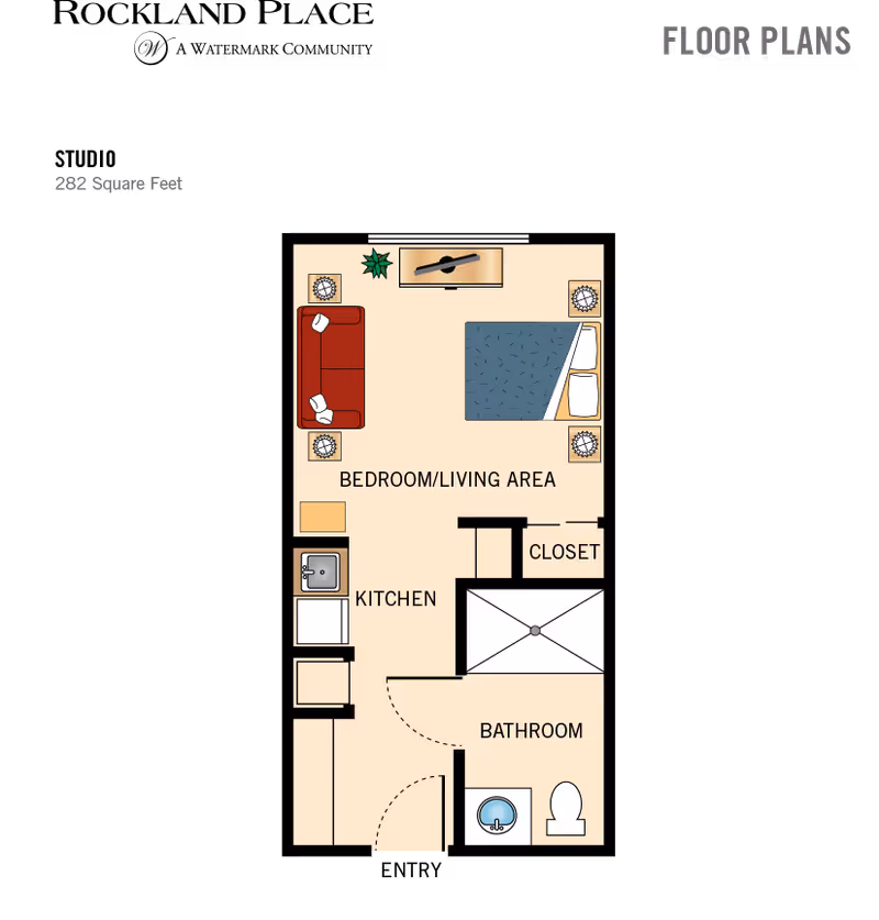 Floor plan of a 282 square feet studio apartment at Rockland Place, showing a combined bedroom and living area with a bed, sofa, TV, and plants. The kitchen area includes a sink and appliances. There is a closet next to the bathroom, which contains a sink and toilet.