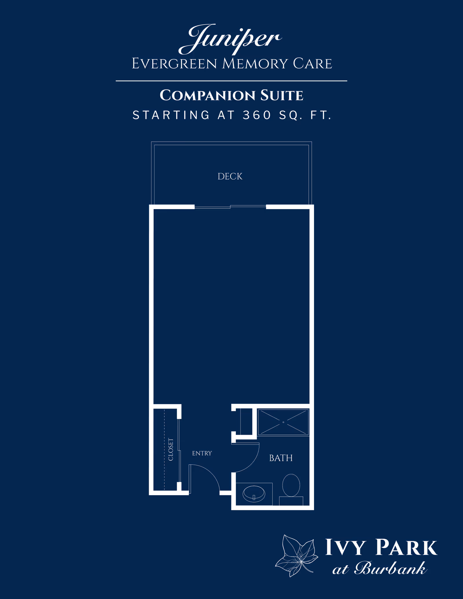 Floor plan of the Juniper Evergreen Memory Care Companion Suite at Ivy Park at Burbank, showing a layout with a deck, entry, closet, and bathroom. The suite starts at 360 square feet.