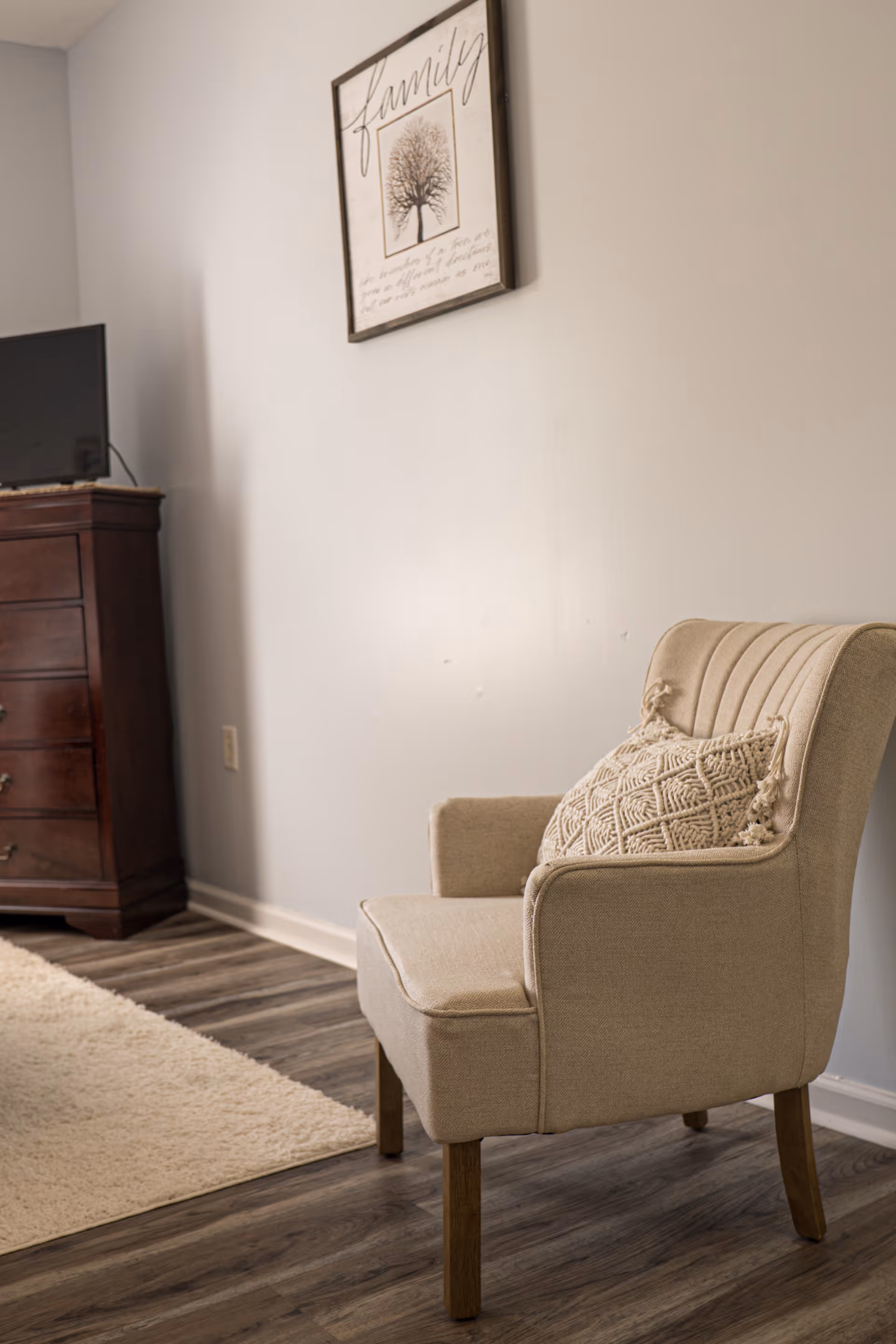 A cozy corner of a living room featuring a beige upholstered armchair with a textured decorative pillow, a wooden dresser with a TV on top, a light-colored rug on a wood floor, and a framed wall art with the word 'family' and a tree illustration hanging on a light gray wall.