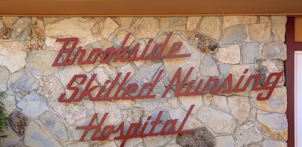 A stone wall with the words 'Brookside Skilled Nursing Hospital' mounted on it in red cursive letters.