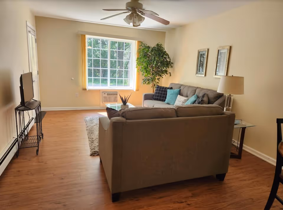 A bright living room with wooden flooring, a ceiling fan, a large window with vertical blinds, a gray sofa set with multiple cushions, a glass coffee table, a potted plant in the corner, a side table with a lamp, and a TV on a metal stand.