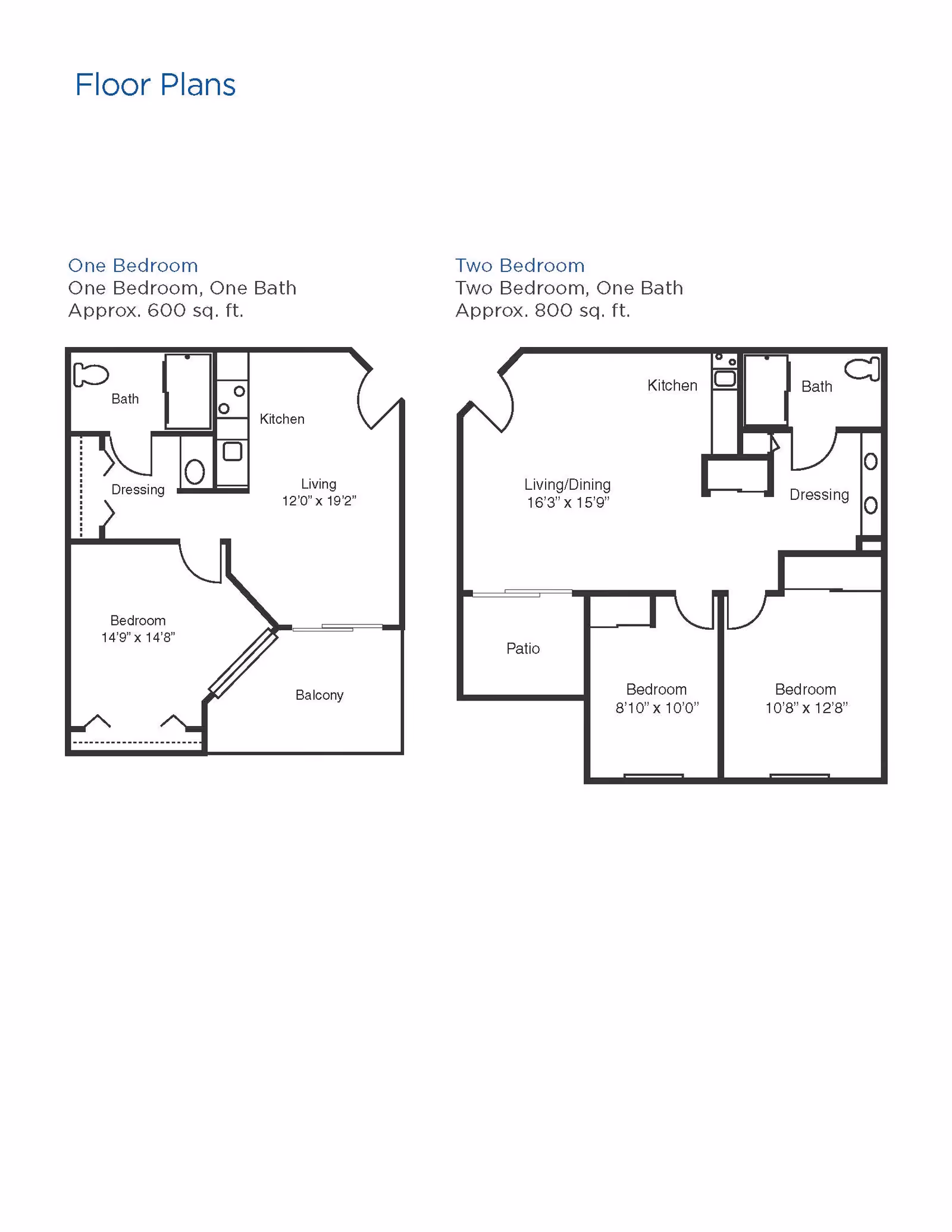 Floor plans for Brookdale San Jose showing layouts for one-bedroom and two-bedroom apartments. The one-bedroom layout includes a bedroom, bath, dressing area, kitchen, living room, and balcony, approximately 600 sq. ft. The two-bedroom layout includes two bedrooms, one bath, dressing area, kitchen, living/dining area, and patio, approximately 800 sq. ft.