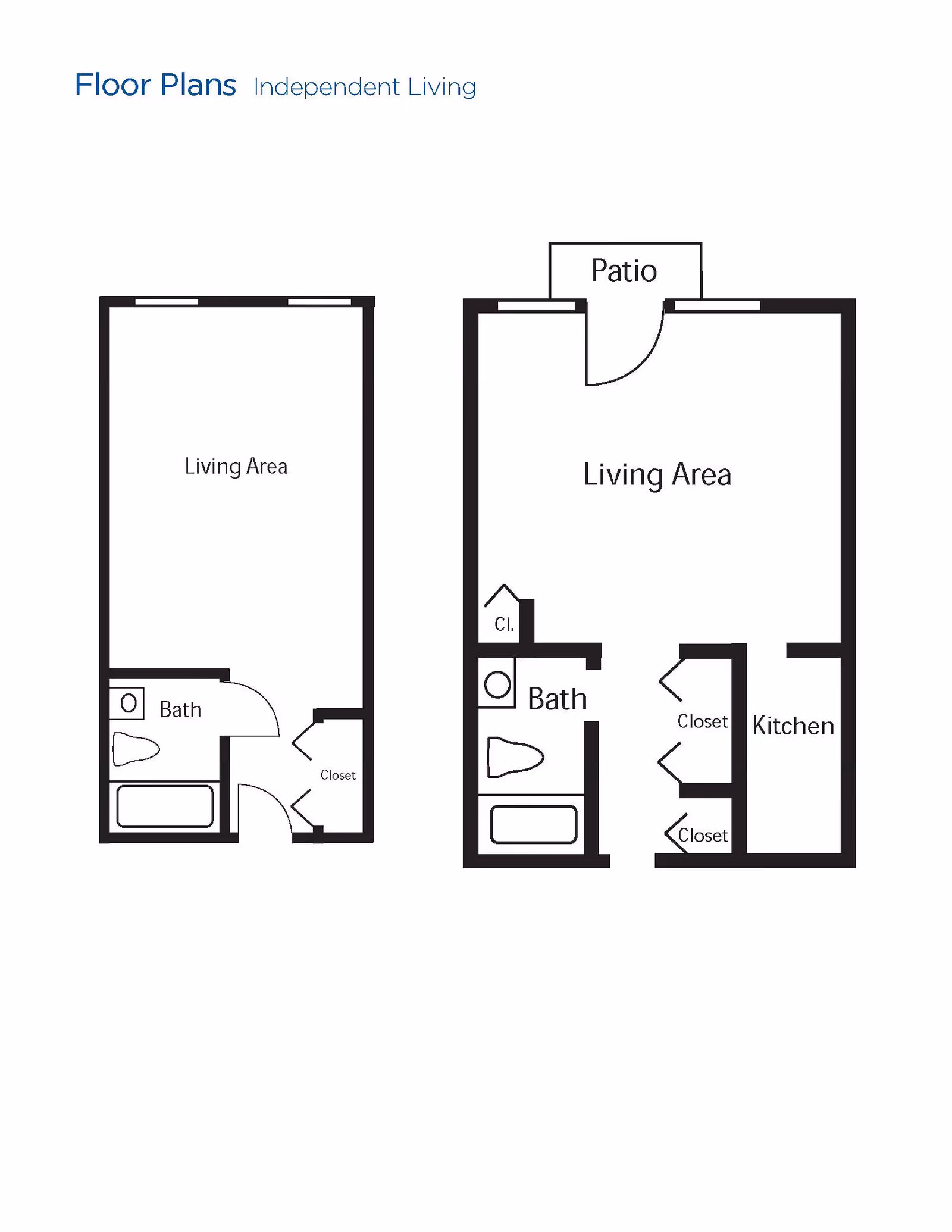 Floor plans for independent living units at Brookdale Jackson Oaks showing two layouts. The first layout includes a living area, bath, and closet. The second layout includes a living area with a patio, bath, kitchen, and two closets.