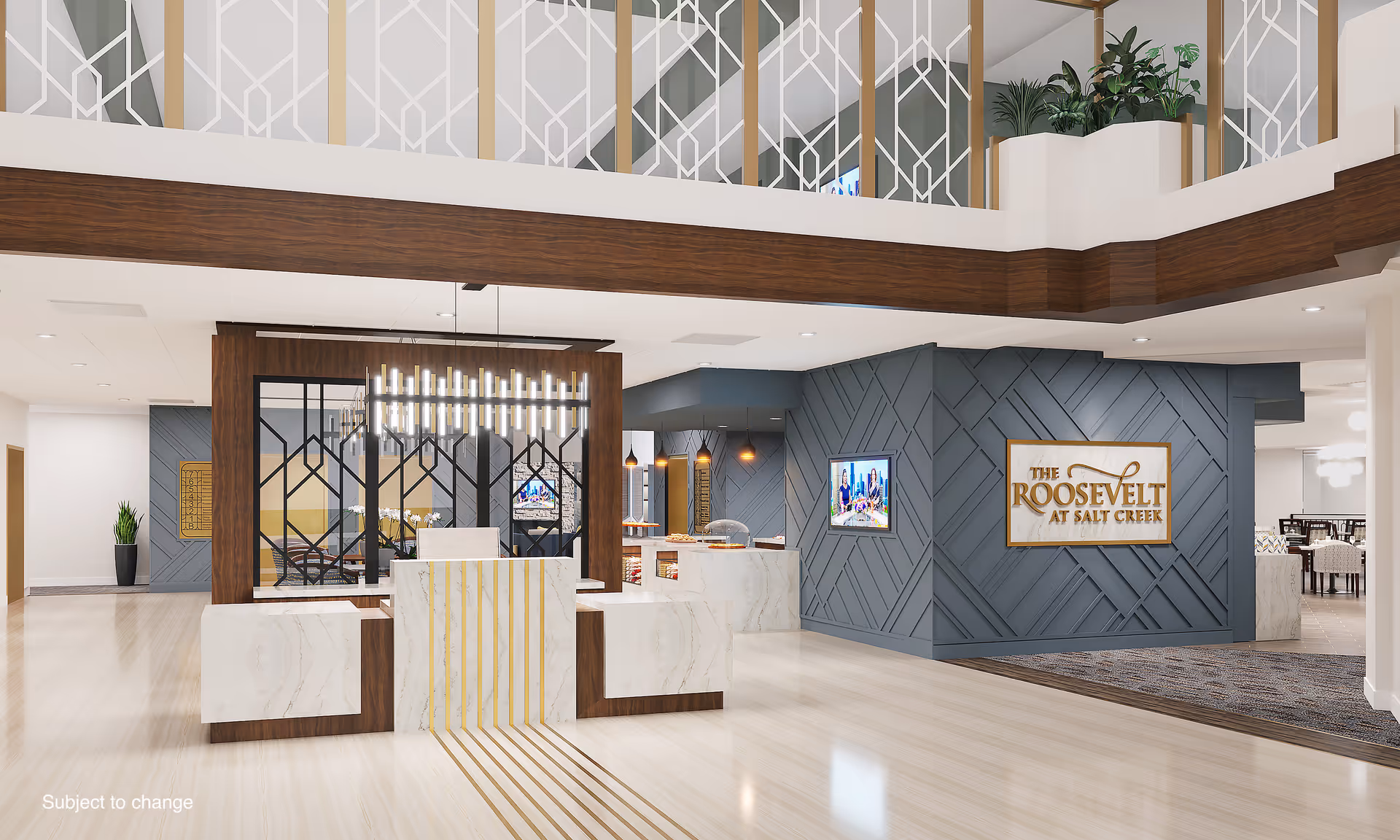 Modern senior living reception lobby with a marble front desk, decorative wood and gray paneled walls, and a sign reading "The Roosevelt at Salt Creek".