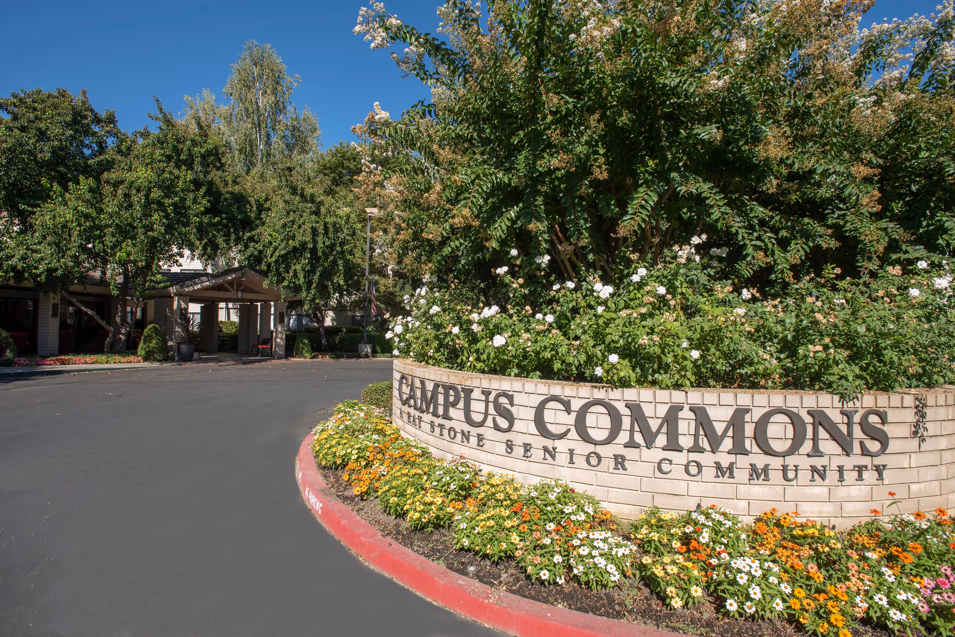 Entrance to Campus Commons Maystone Senior Community with a curved brick sign surrounded by colorful flowers and lush green trees under a clear blue sky.