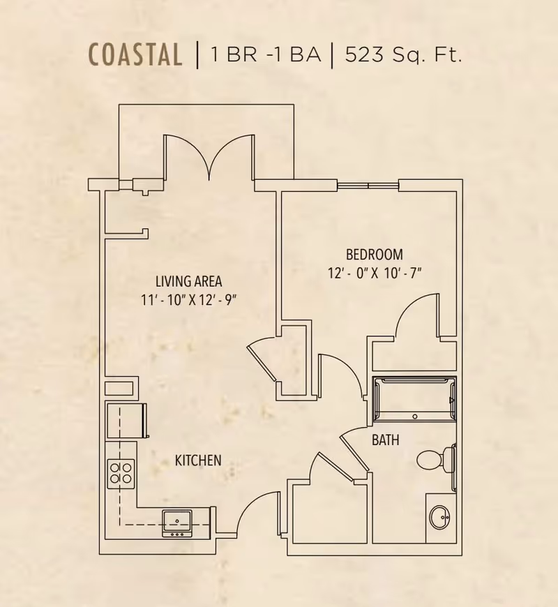 Floor plan of a one-bedroom, one-bathroom apartment named Coastal with a total area of 523 square feet. The layout includes a living area measuring 11 feet 10 inches by 12 feet 9 inches, a bedroom measuring 12 feet by 10 feet 7 inches, a kitchen, and a bathroom.
