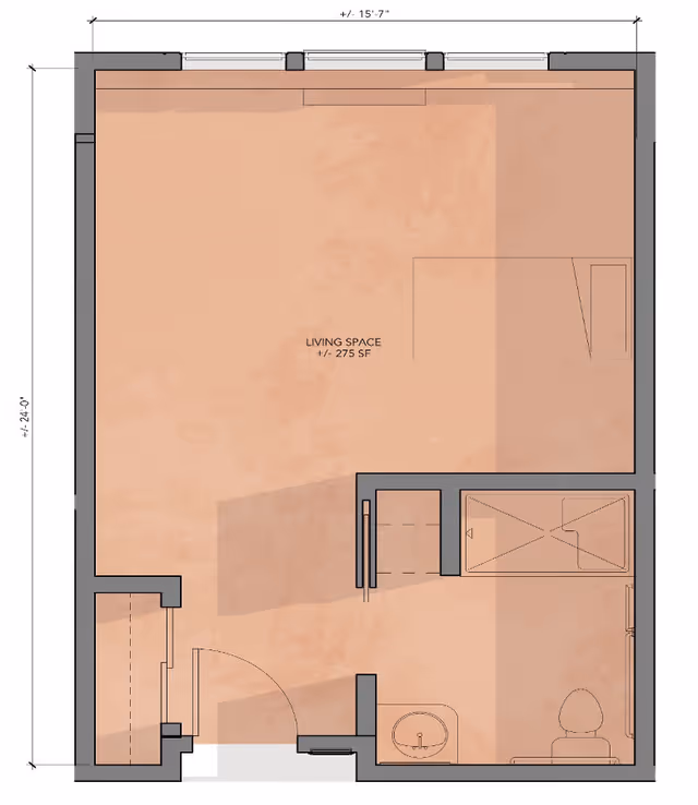 Architectural floor plan of a living space measuring approximately 275 square feet, including a bathroom with a toilet, sink, and shower, and an entry area. Dimensions of the space are about 15 feet 7 inches by 24 feet.