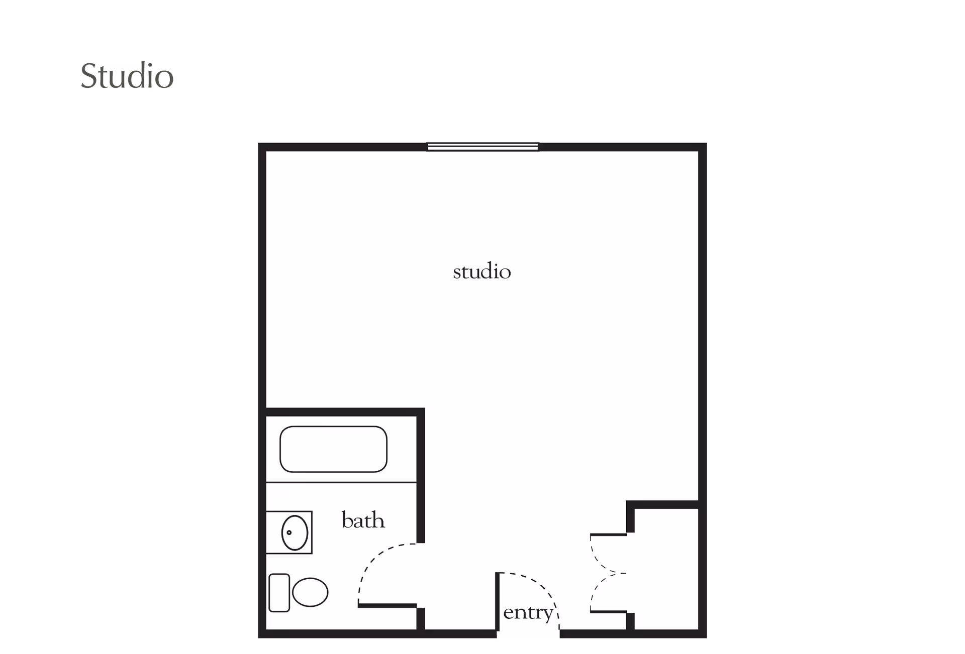 Floor plan of a studio apartment at Atria Cranford showing a main studio room, a bathroom with a bathtub, toilet, and sink, and an entry area.