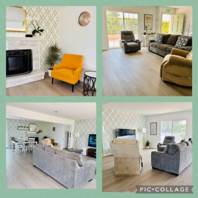 A collage of four images showing the interior of a senior living facility's common area. The images feature a cozy living room with various seating options including a yellow armchair, gray sofas, and recliners. There is a fireplace with a mirror and plant, a TV mounted on the wall, patterned wallpaper, large windows letting in natural light, and a dining area with a white table and chairs.