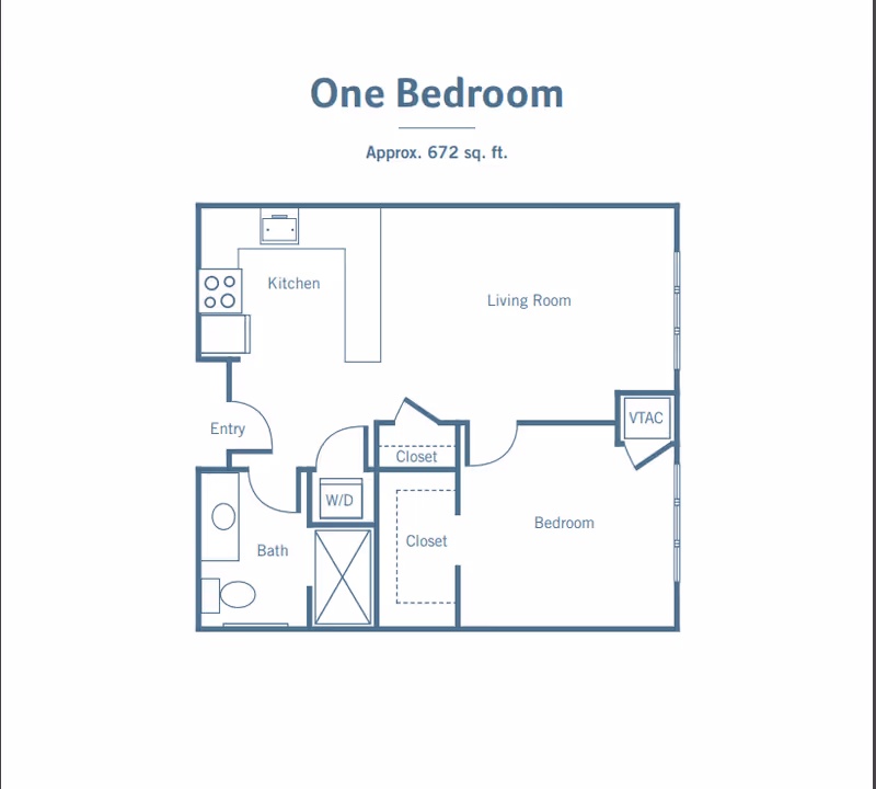 Floor plan of a one bedroom apartment approximately 672 square feet, showing a kitchen, living room, bedroom with two closets, bathroom, entry, and washer/dryer area.