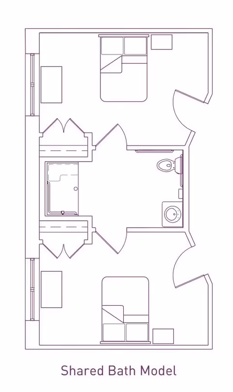 Architectural floor plan of a shared bath model room at Franklin Place Memory Care, showing two bedrooms each with a bed and small furniture, connected by a shared bathroom with a shower, toilet, and sink.