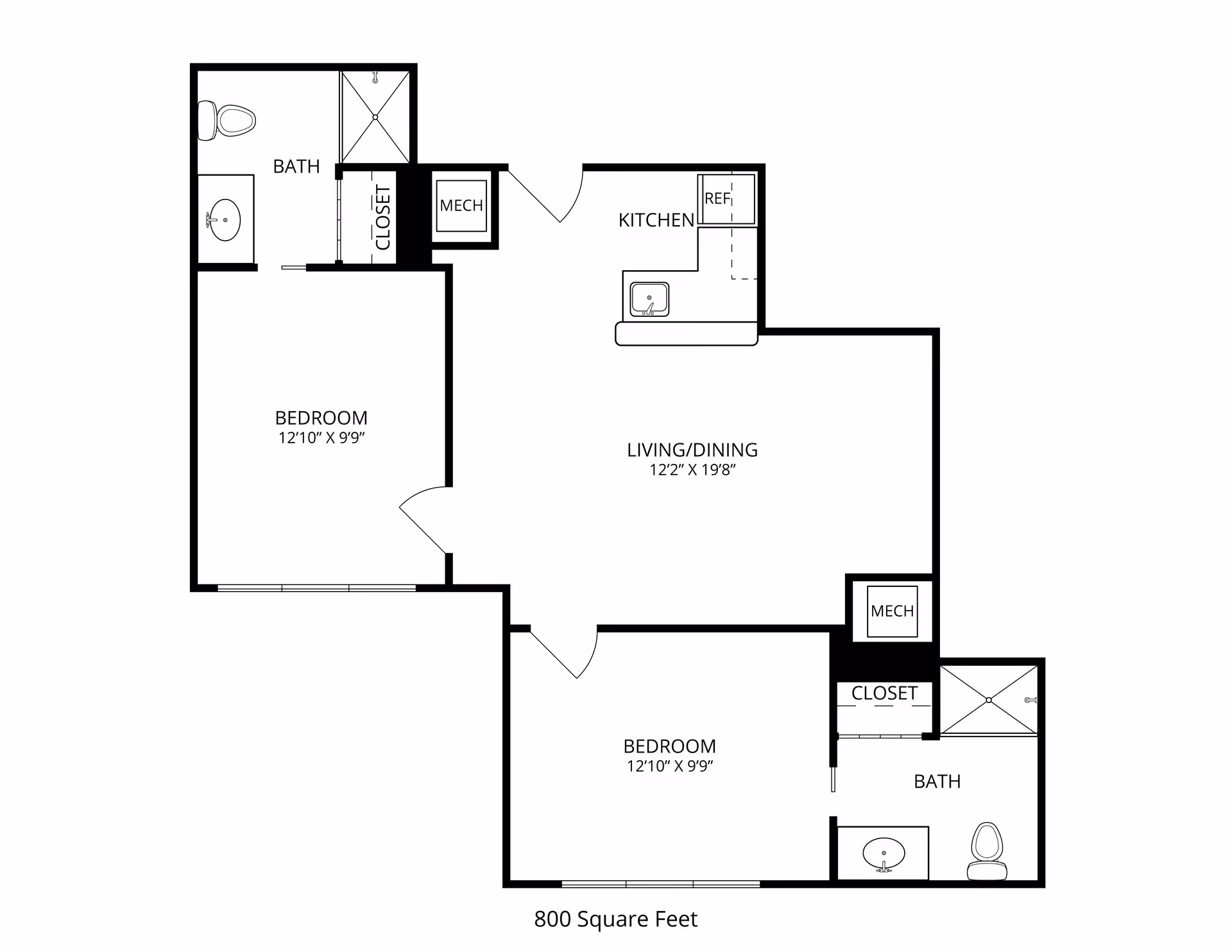 Floor plan of an 800 square feet apartment with two bedrooms, two bathrooms, a kitchen, and a combined living/dining area. Each bedroom measures 12'10" by 9'9" and has an adjacent bathroom and closet. The kitchen includes a refrigerator and sink. Mechanical rooms are located near each bathroom.