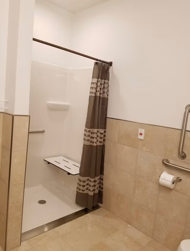 Accessible shower area with a fold-down seat, grab bars, and a brown patterned shower curtain in a tiled bathroom.
