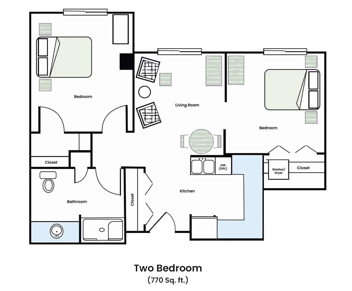 Floor plan of a two-bedroom, one-bath apartment showing a living room, kitchen, bathroom, closets, and washer/dryer.