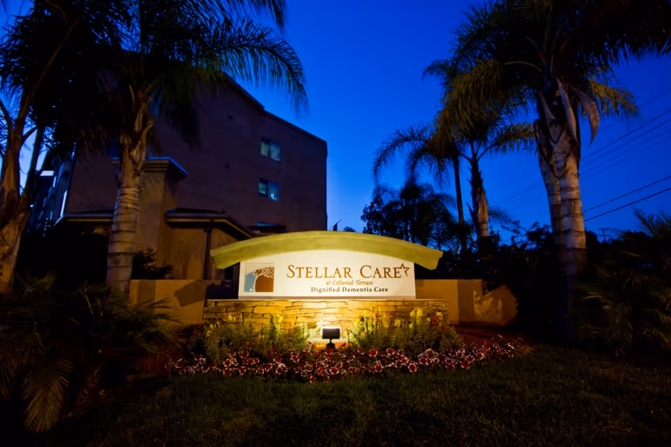 Illuminated entrance sign for Stellar Care at Collwood Terrace, a dignified dementia care facility, surrounded by palm trees and flowers at dusk with a building in the background.