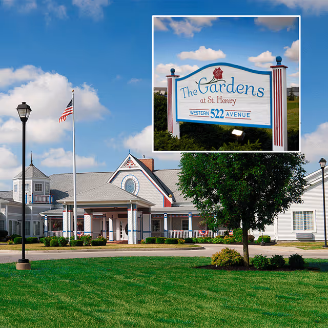 Exterior view of a senior living facility named The Gardens at St. Henry, showing a large building with a covered entrance, an American flag on a flagpole, green lawn, trees, and lampposts under a partly cloudy blue sky. An inset image shows a close-up of the facility's sign with the address Western 522 Avenue.