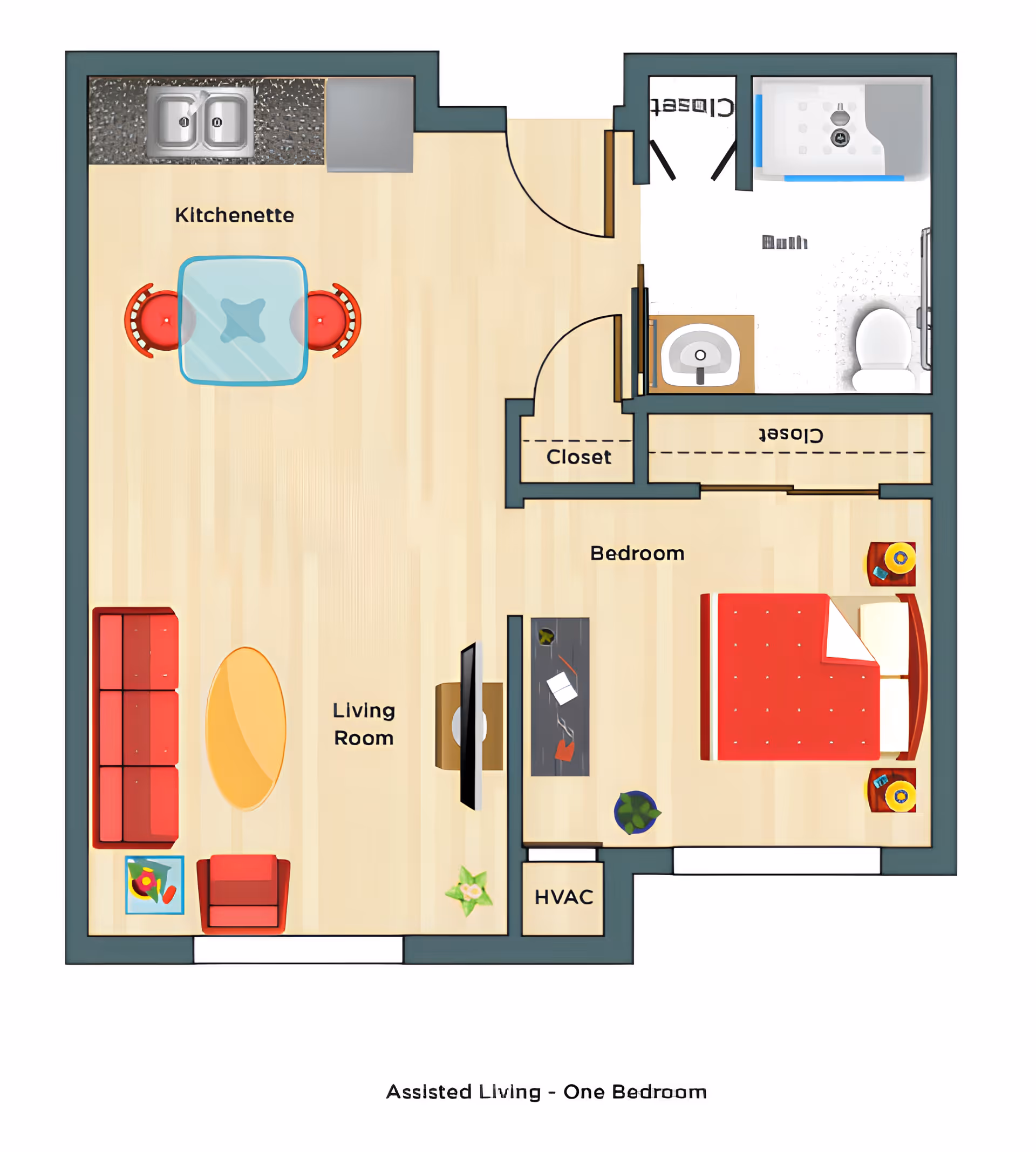 Floor plan of an assisted living one-bedroom apartment showing a kitchenette with a sink and two chairs at a table, a living room with a sofa, armchair, coffee table, and TV, a bedroom with a bed and two nightstands, a bathroom with a shower, sink, and toilet, and multiple closets.