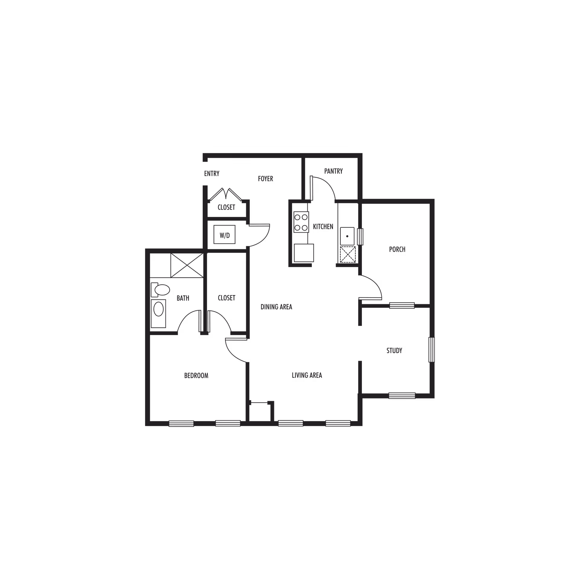 Architectural floor plan showing a layout with an entry, foyer, closet, washer/dryer area, bathroom, bedroom, dining area, living area, kitchen with pantry, porch, and study.