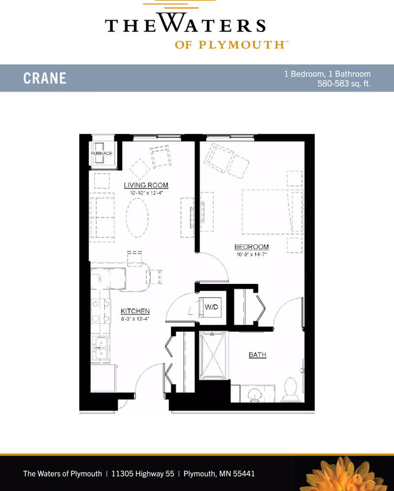 Floor plan of a one-bedroom, one-bathroom apartment named Crane at The Waters of Plymouth, showing the layout with labeled rooms including living room, bedroom, kitchen, bath, and washer/dryer area.
