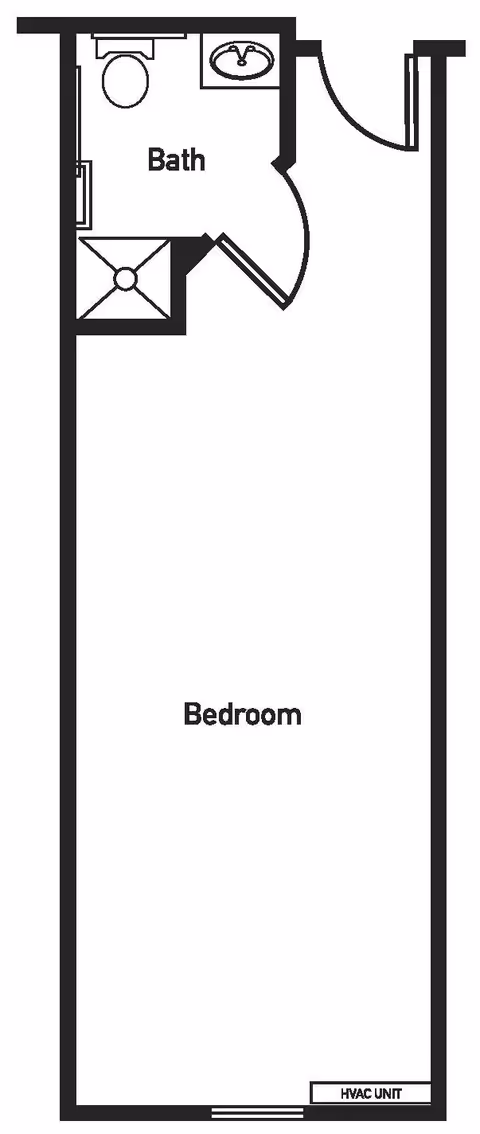 Floor plan layout showing a bedroom area connected to a bathroom with a toilet, sink, and shower. The bedroom has an HVAC unit along one wall.