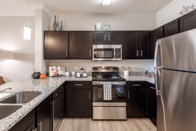 Modern kitchen with dark wood cabinets, granite countertops, stainless steel appliances including a refrigerator, microwave, and stove. The kitchen features a double sink, a dishwasher, and various decorative items on the countertops and above the cabinets.