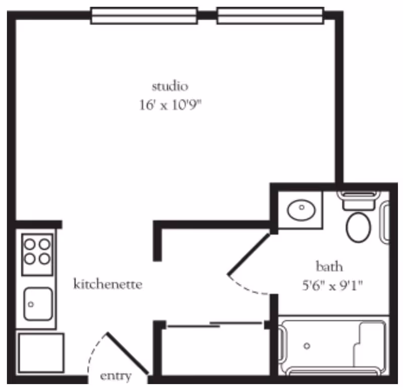Black-and-white floor plan of a studio apartment showing a 16' x 10'9" studio area, kitchenette by the entry, and a 5'6" x 9'1" bathroom with tub.
