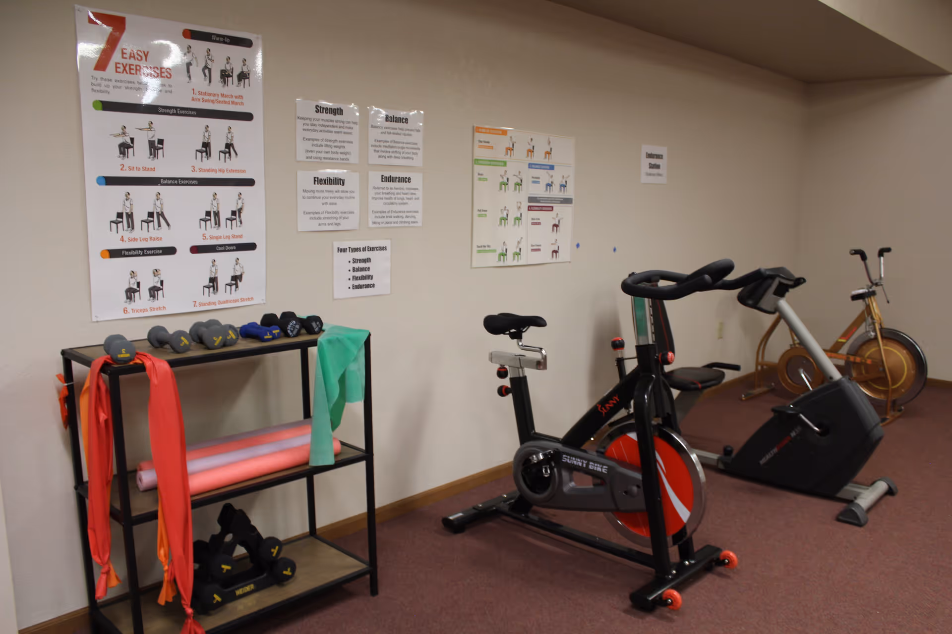 A small exercise room with stationary bikes, a shelf holding dumbbells, resistance bands, and exercise mats. Posters on the wall provide instructions for easy exercises focusing on strength, balance, flexibility, and endurance.