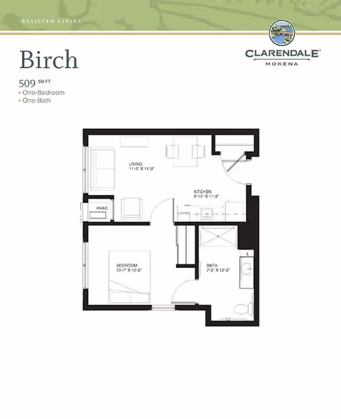 Floor plan of Birch assisted living unit at Clarendale of Mokena showing a one-bedroom, one-bath layout with a living room, kitchen, bedroom, bathroom, and HVAC area. The total area is 509 square feet.
