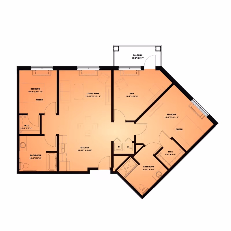Floor plan of an apartment at Elancé at Tuckahoe showing two bedrooms with queen beds, two bathrooms, a kitchen, living room, den, two walk-in closets, a balcony, and a washer/dryer area.