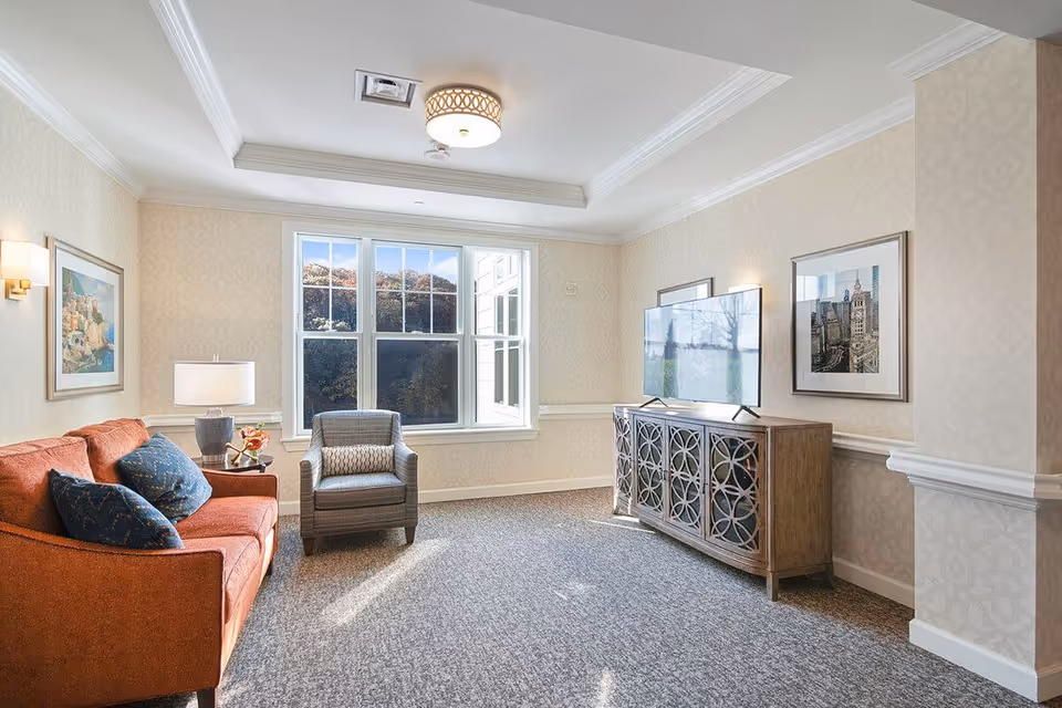 Sunlit sitting room with an orange sofa, armchair, large window, and a TV on a decorative cabinet.