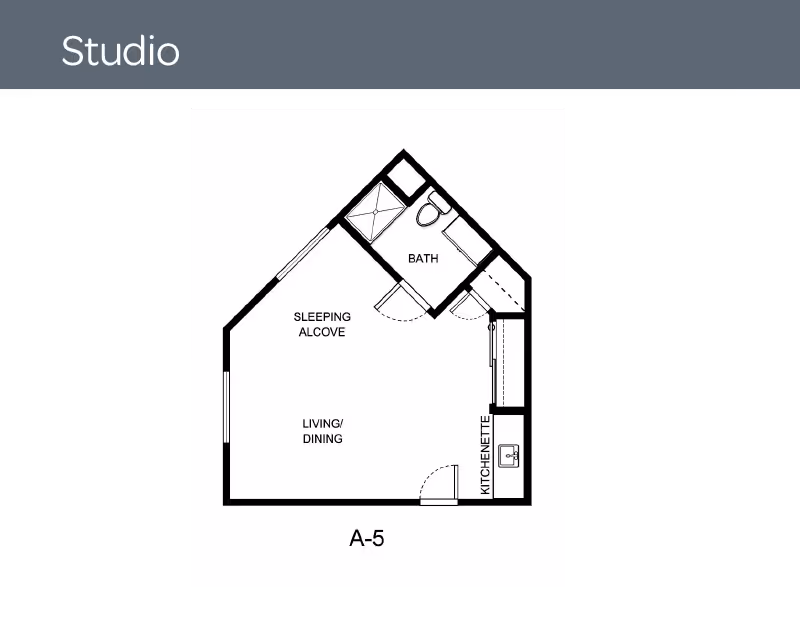 Floor plan of a studio apartment labeled A-5 showing a sleeping alcove, living/dining area, bath with shower and toilet, and a kitchenette.