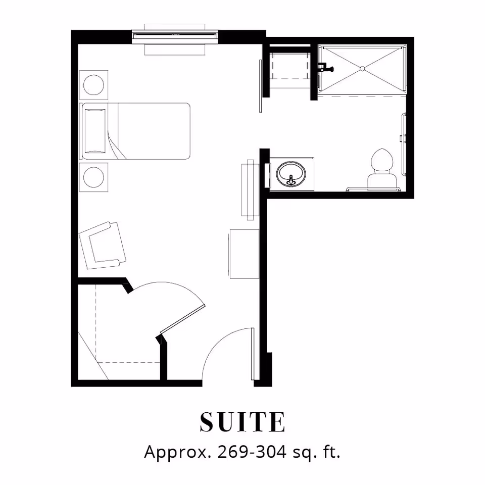 Architectural floor plan of a suite approximately 269-304 square feet, showing a bedroom area with a bed, two nightstands, a chair, a closet, and an attached bathroom with a shower, toilet, and sink.