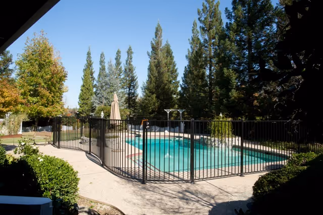 Outdoor swimming pool enclosed by a black metal fence surrounded by trees and bushes under a clear blue sky.
