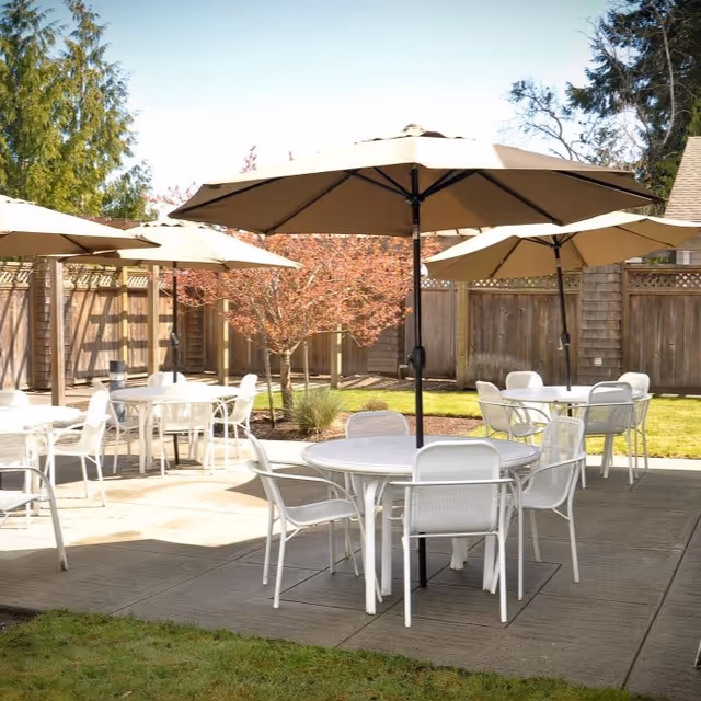 Outdoor patio area with several round white tables and white chairs arranged under large beige umbrellas. The patio is surrounded by a wooden fence and some trees with autumn-colored leaves.
