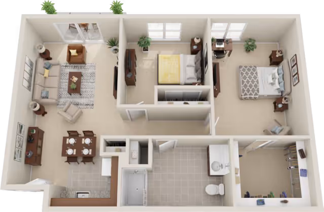 3D floor plan of a senior living apartment featuring a living room with sofa, armchair, coffee table, and TV, a dining area with a table set for four, a kitchen with appliances, two bedrooms each with a bed and furniture, a bathroom with a bathtub, toilet, and sink, and a walk-in closet.
