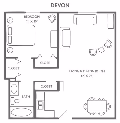 Floor plan labeled 'DEVON' showing a one-bedroom apartment with an 11 by 10 feet bedroom, a bathroom with a bathtub and toilet, closets, a kitchen area, and a combined living and dining room measuring 12 by 24 feet with furniture layout including a sofa, chairs, and a dining table with four chairs.